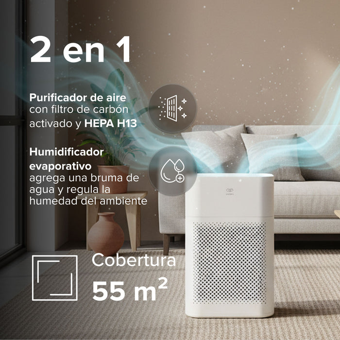 Purificador de aire y humidificador evaporativo inteligente potencia 110 CADR - Cubre hasta 55m²