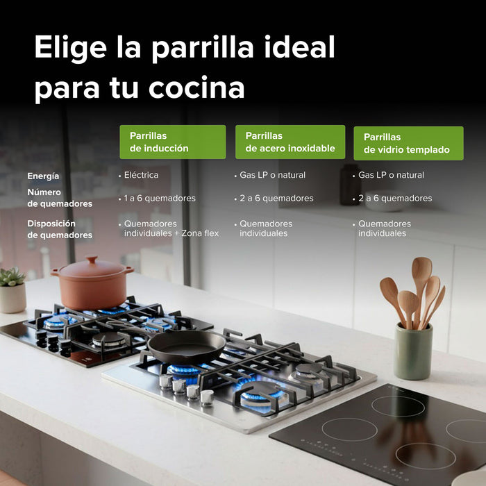 Parrilla de gas 5 quemadores 90 cm en vidrio templado con soporte circular - negro
