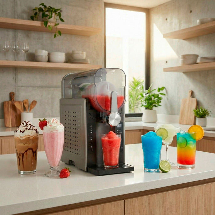 Máquina de granizados Avera 1.6L en cocina, preparando bebidas frías y frappés de colores con panel táctil.