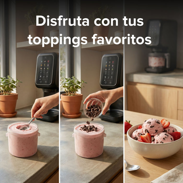 Preparación de helado con máquina Avera MHM01 agregando toppings de chocolate y fresas frescas.