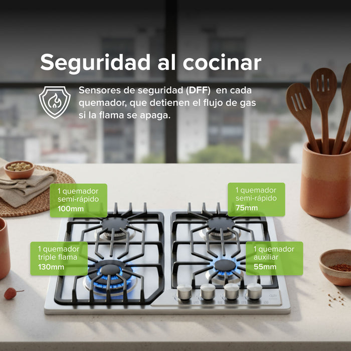 Parrilla de gas 4 quemadores 59 cm en acero inoxidable