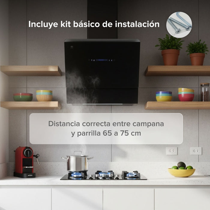Campana de cocina de pared 60 cm de vidrio templado con tecnología sin contacto - negro