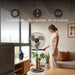 Mujer ajustando ventilador 3 en 1 de pedestal con oscilación 90°, 3 velocidades y altura ajustable en sala.