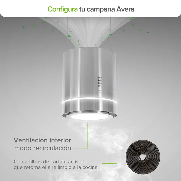 Campana de cocina para isla colgante cilíndrica 38 cm con lámpara decorativa, potencia motor 300 W acero inoxidable