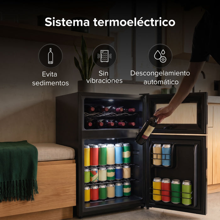Cava de vinos y enfriador de bebidas 2 en 1 para 8 botellas y 36 latas, doble zona de temperatura 63 L