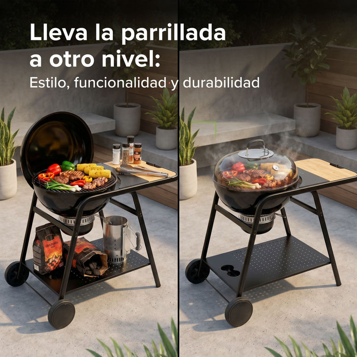 Asador de carbón de 22" 58 cm con termómetro, bandeja de cenizas y mesa lateral
