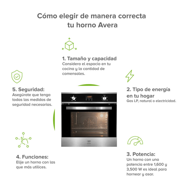 Guía de compra para horno empotrable Avera con tips de capacidad, energía gas LP, potencia y funciones de seguridad.