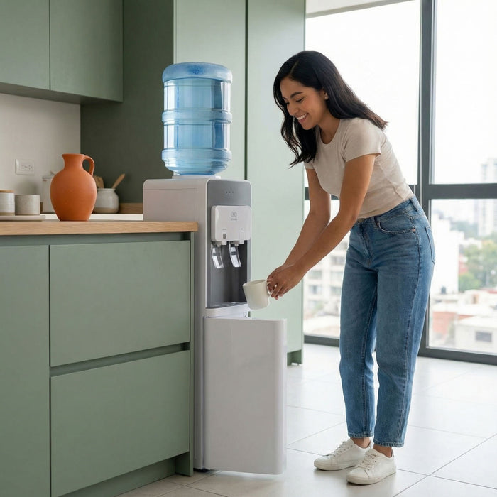 Dispensador de agua fría y caliente para garrafón de hasta 20 L con gabinete de almacenamiento