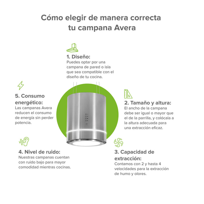Campana de cocina para isla colgante cilíndrica 38 cm con lámpara decorativa, 850 m3/h de extracción acero inoxidable