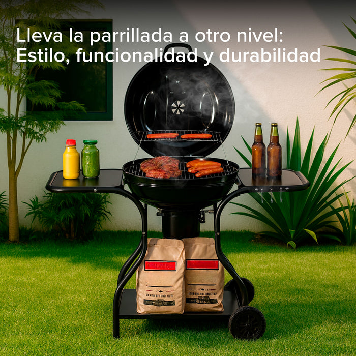 Asador de carbón de 22" con termómetro, bandeja de cenizas y mesas laterales de acero inoxidable