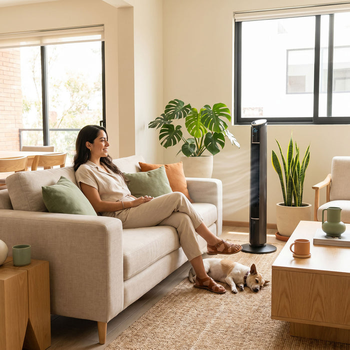 Mujer en sala con ventilador de torre inteligente de 108 cm, control remoto y WiFi en un ambiente moderno.