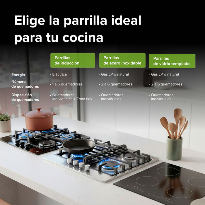 Comparativa de parrillas de inducción, acero inoxidable y vidrio templado sobre encimera de cocina moderna.