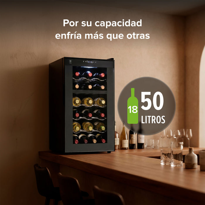Cava de vinos Avera de 50 litros con doble zona para 18 botellas, diseño moderno en barra de bar.