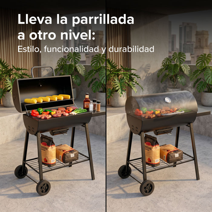 Asador de carbón tipo tambor 101 cm con termómetro, bandeja de cenizas y mesa lateral