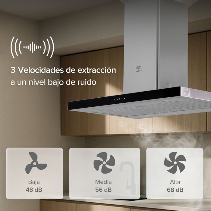 Campana de cocina de isla tipo T 90 cm acero inoxidable con tecnología sin contacto