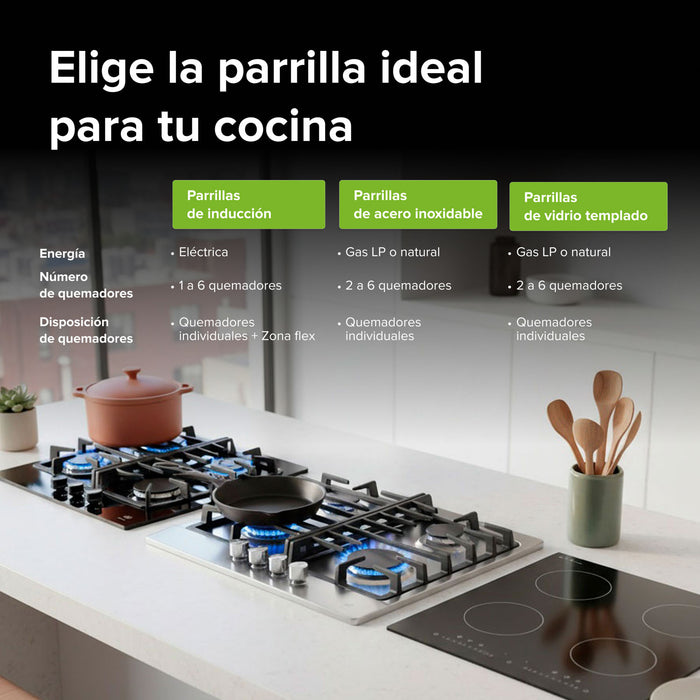 Parrilla de gas 3 quemadores 60 cm en vidrio templado con soporte circular - negro