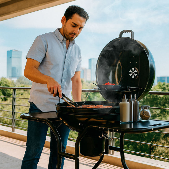 Asador de carbón de 22" con termómetro, bandeja de cenizas y mesas laterales de acero inoxidable