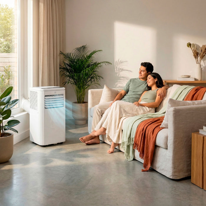 Pareja en sala fresca con aire acondicionado portátil 3 en 1 de 115V, ventilador y deshumidificador silencioso.