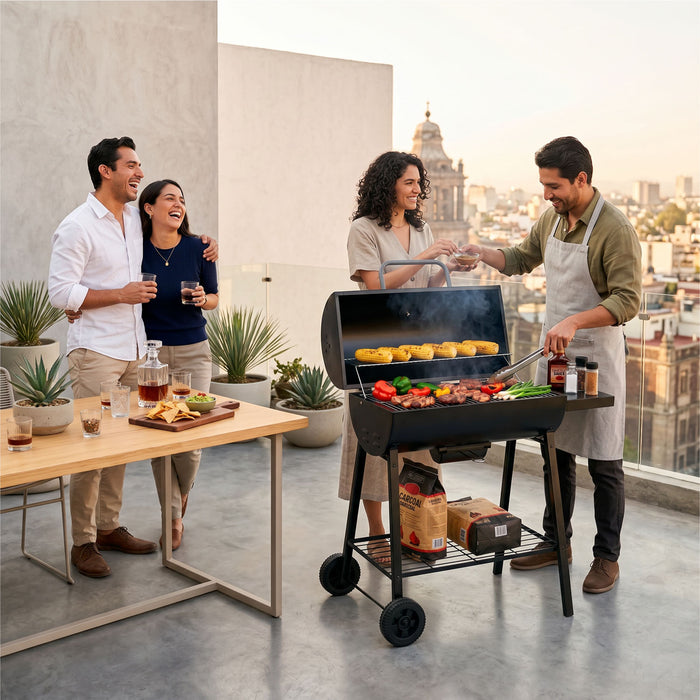 Asador de carbón tipo tambor 101 cm con termómetro, bandeja de cenizas y mesa lateral