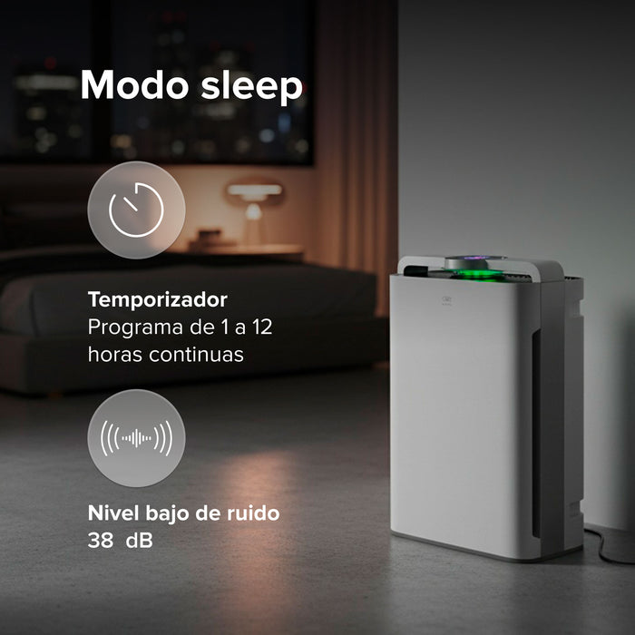 Purificador de aire en recámara con modo sleep silencioso 38 dB y temporizador, ideal contra alergias.