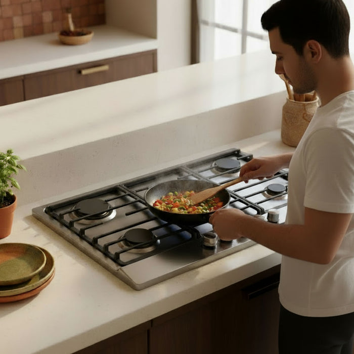 Combo Parrilla de gas 5 quemadores + Campana pared con cristal templado 76 cm