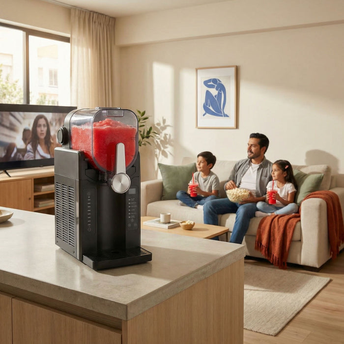 Máquina Avera de granizados y helado suave de 1.6 L en cocina con familia disfrutando bebidas heladas.