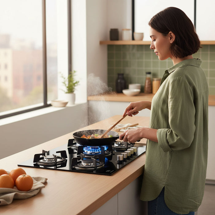 Parrilla de gas 5 quemadores 77 cm en vidrio templado con soporte circular y quemador central - negro