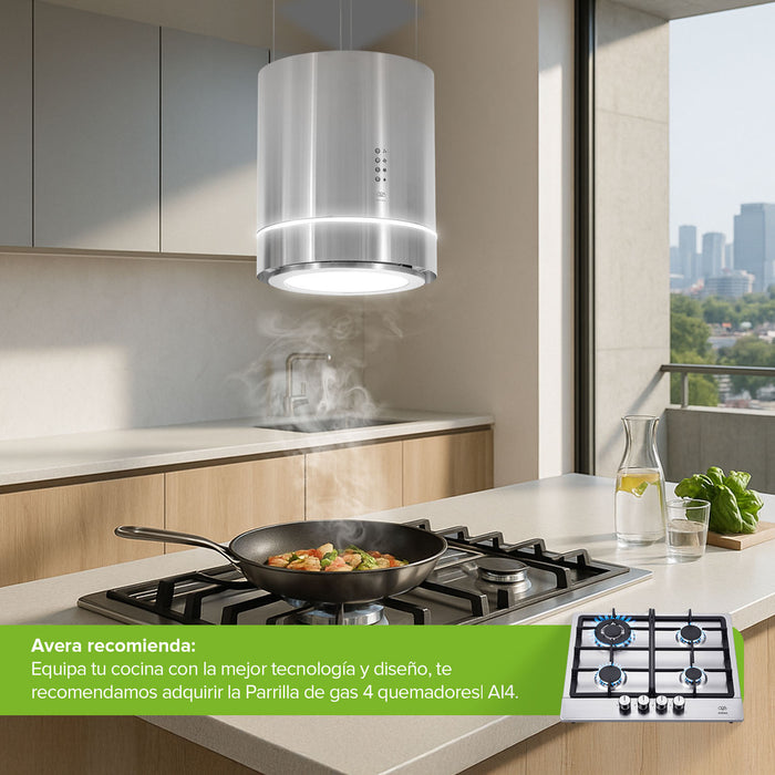 Campana de cocina para isla colgante cilíndrica 38 cm con lámpara decorativa, potencia motor 300 W acero inoxidable