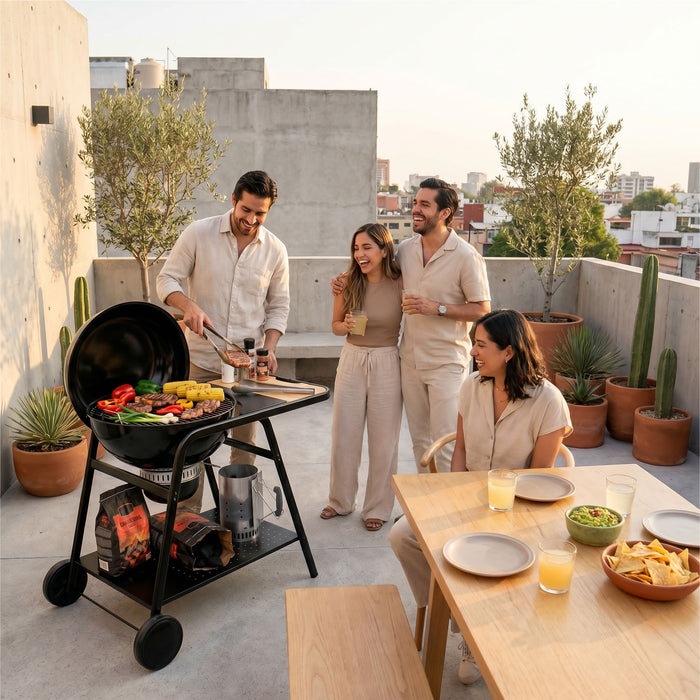 Asador de carbón de 22" 58 cm con termómetro, bandeja de cenizas y mesa lateral