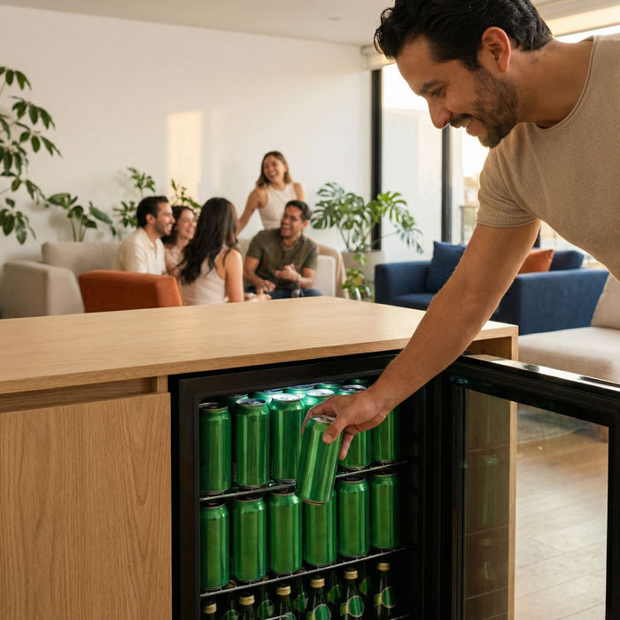 Hombre tomando una lata de un frigobar enfriador de bebidas de 46L en una reunión social en casa.