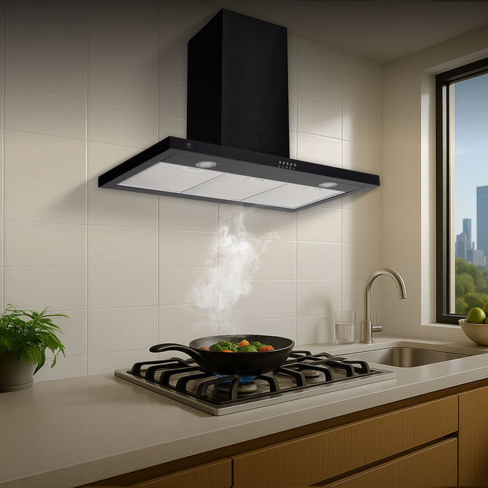 Campana de cocina de pared 90 cm en acero inoxidable con iluminación de 2 focos LED - negro