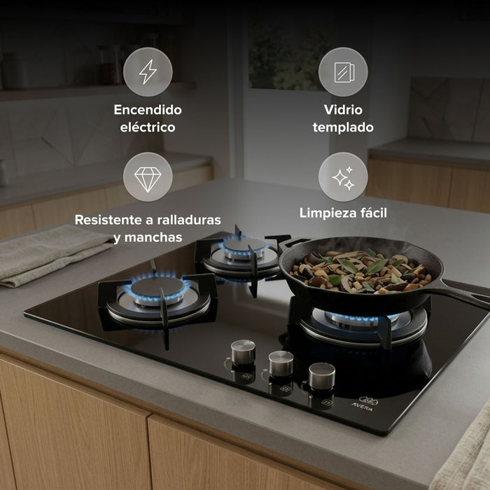 Parrilla de gas de 3 quemadores en vidrio templado negro con encendido eléctrico y soportes de hierro fundido.