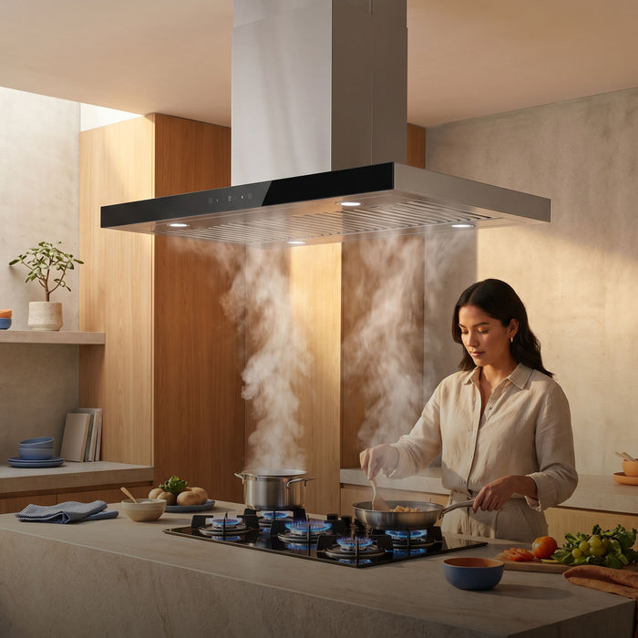 Campana de cocina para isla tipo T 76 cm control táctil y de gestos, potencia motor 230 W acero inoxidable