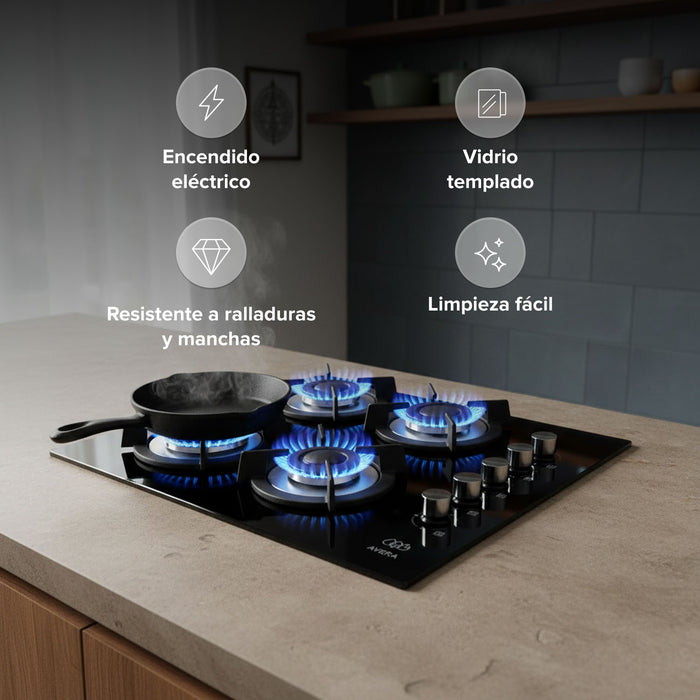 Combo Parrilla de gas 4 quemadores vidrio templado 60 cm + Horno gas LP 58 L