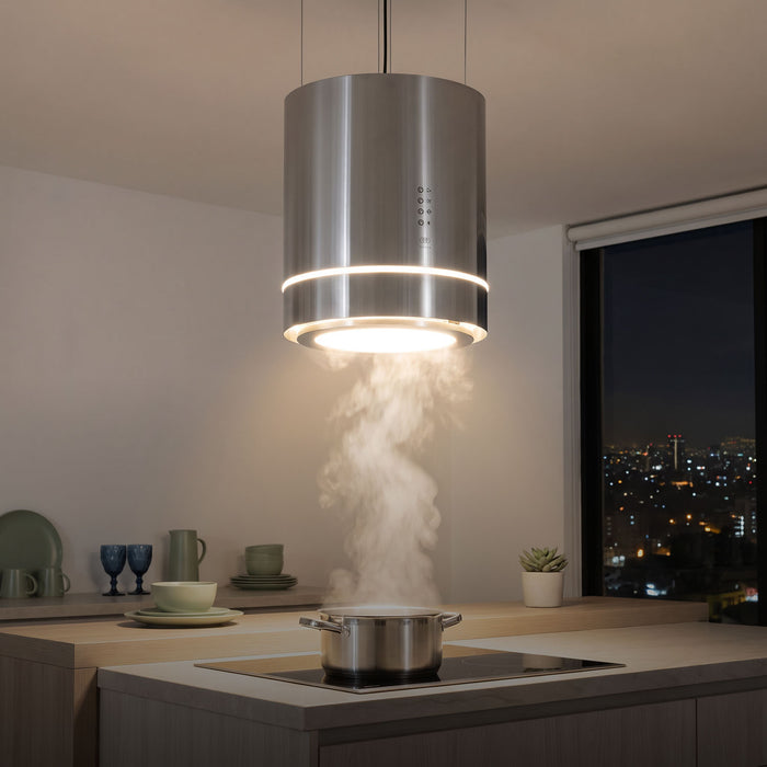 Campana de cocina para isla colgante cilíndrica 38 cm con lámpara decorativa, 850 m3/h de extracción acero inoxidable
