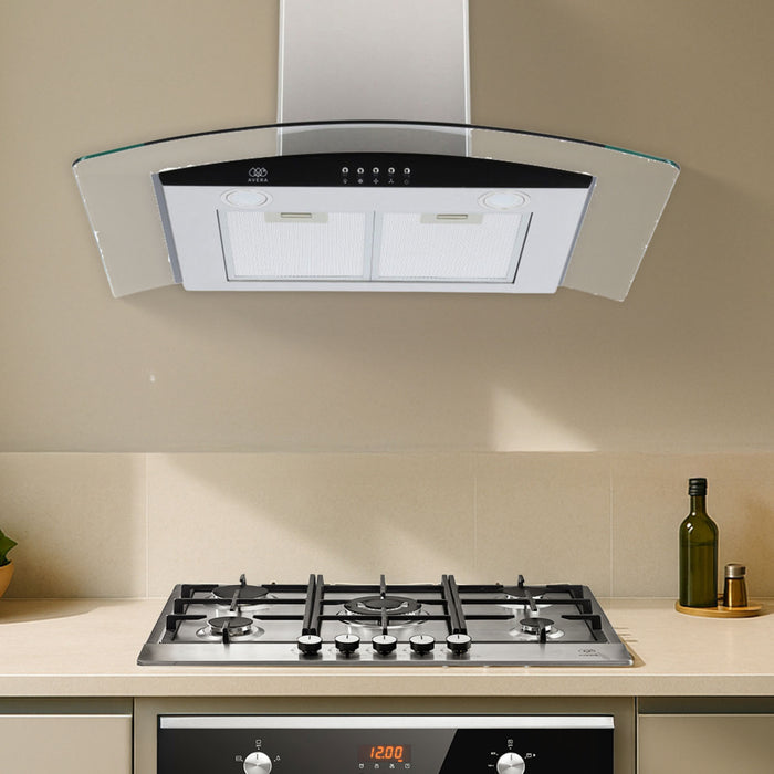 Campana de cocina de pared 76 cm en acero inoxidable y vidrio templado