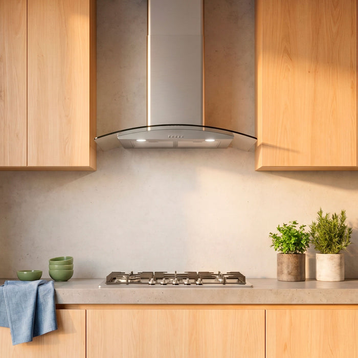 Campana de cocina de pared curva 80 cm en acero inoxidable y vidrio templado