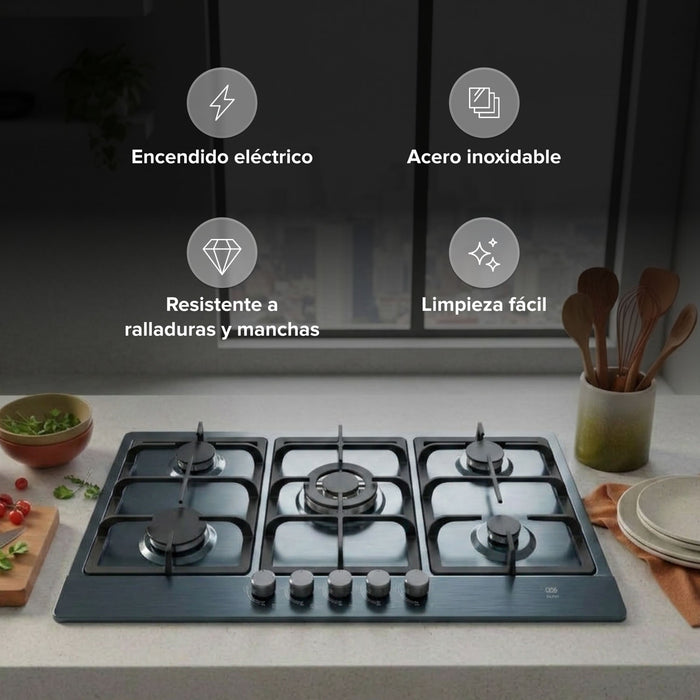 Parrilla de gas de 5 quemadores en acero inoxidable negro con encendido eléctrico y perillas de control.