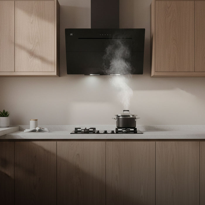 Campana de pared inclinada de vidrio negro en cocina moderna con panel digital extrayendo vapor de una olla.