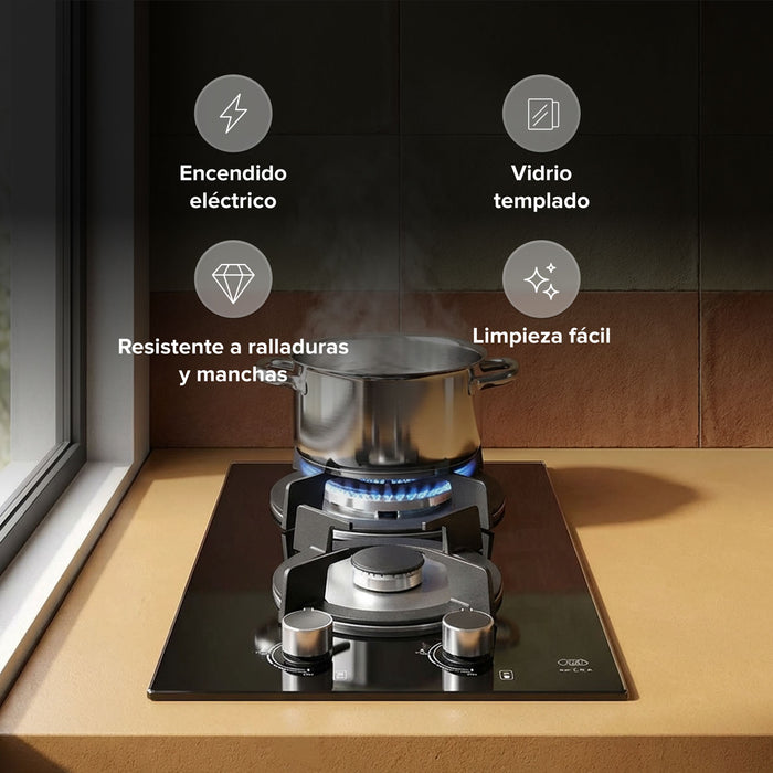 Parrilla de gas 2 quemadores 31 cm en vidrio templado con soporte circular - negro