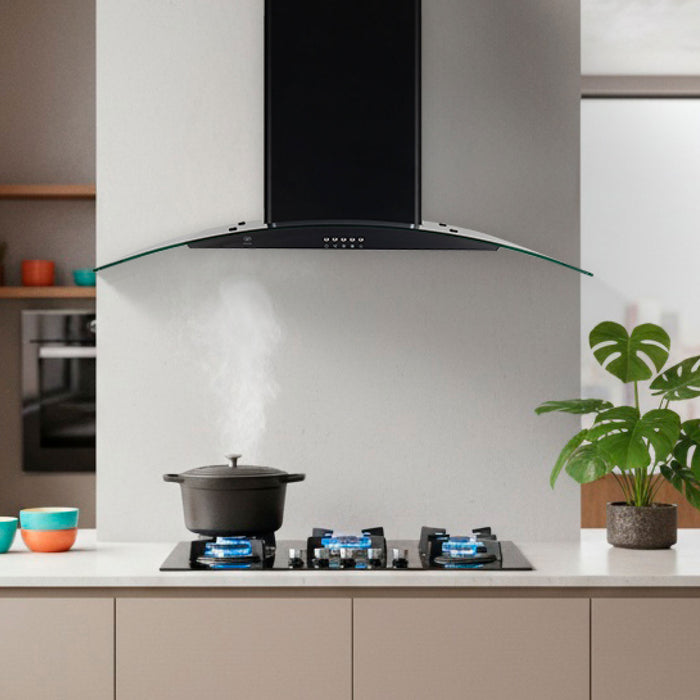 Campana de cocina de pared 90 cm en acero inoxidable y vidrio templado - negro