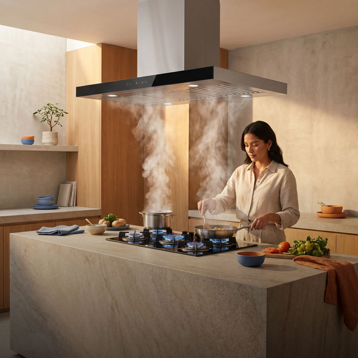 Campana de cocina para isla tipo T 90 cm, 780 m3/h de extracción control táctil y de gestos, acero inoxidable
