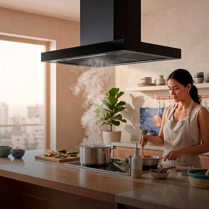 Campana de cocina para isla tipo T 76 cm, 780 m3/h de extracción control táctil y WiFi con temporizador, acero inoxidable - negro