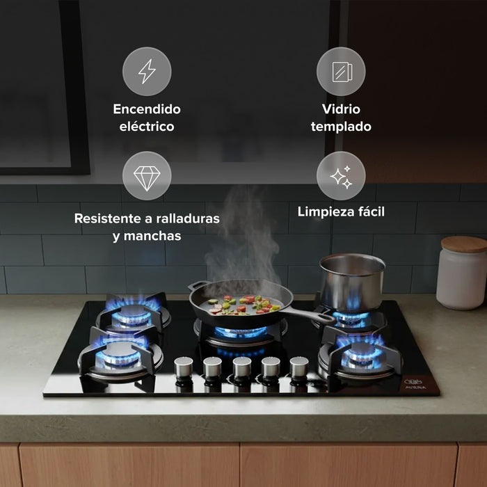 Parrilla de gas 5 quemadores 77 cm en vidrio templado con soporte circular y quemador central - negro