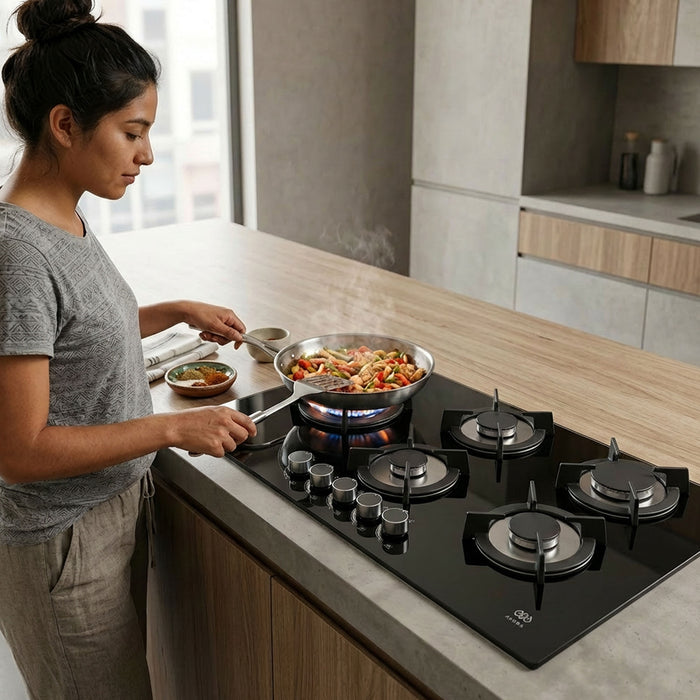 Mujer cocinando en parrilla de gas de 5 quemadores Avera, vidrio templado negro empotrable en cocina moderna.