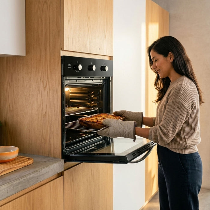Mujer poniendo platillo en horno empotrable a gas LP de 60cm en cocina moderna, destacando su diseño elegante.