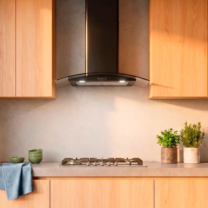 Campana de cocina de pared curva 80 cm en acero inoxidable y vidrio templado - negro