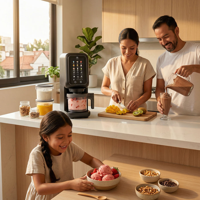 Familia usando máquina de helados Avera MHM01 con panel táctil en cocina moderna para preparar sorbetes y gelatos.