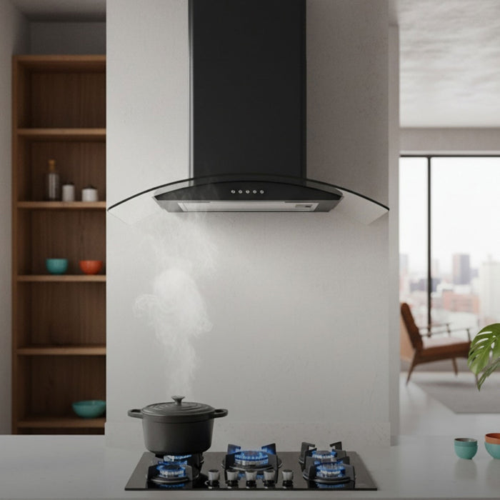 Campana de cocina de pared 60 cm en acero inoxidable y vidrio templado - negro