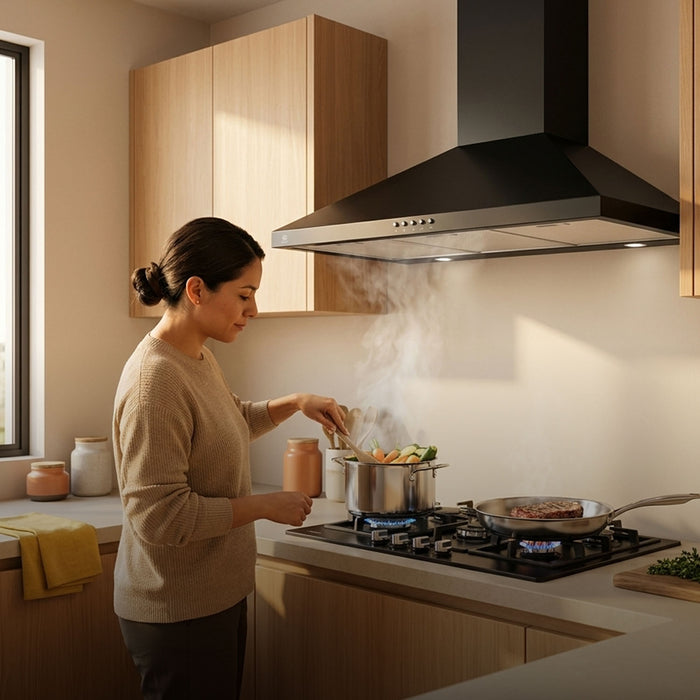 Campana de cocina de pared piramidal 76 cm en acero inoxidable, potencia motor 140 W - negro